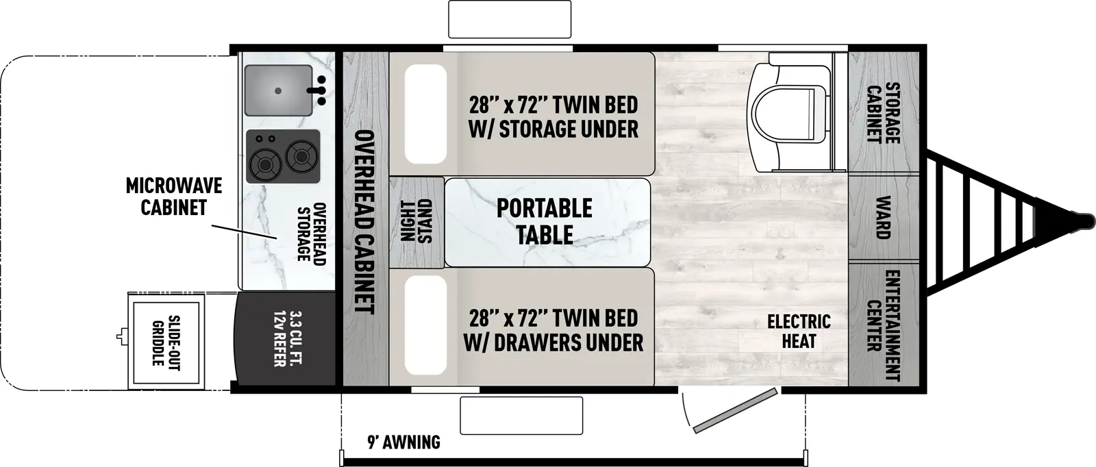 The Clipper 9000 Series & 12000 Series 13000ROK floorplan has one entry and zero slide outs. Exterior features include: metal exterior and 9' awning. Interiors features include: rear kitchen.